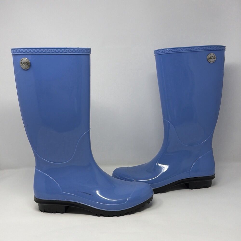 UGG Sienna Rain Boots Blue Glossy Rubber USA Women’s Size 8 Sheepskin Insole
